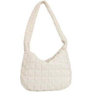 Women's White Lightweight Cotton Puffy Quilted Hobo Bag Retro Soft Shoulder Bag